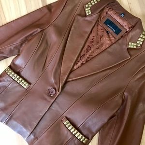 Brown faux leather gold studded jacket